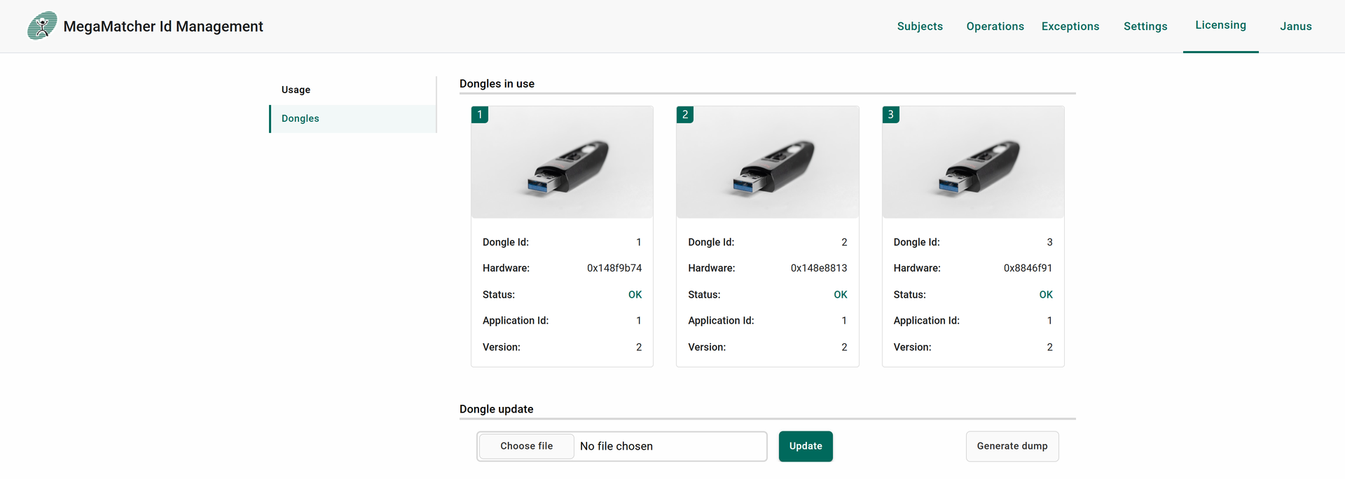 Licensing dongle view